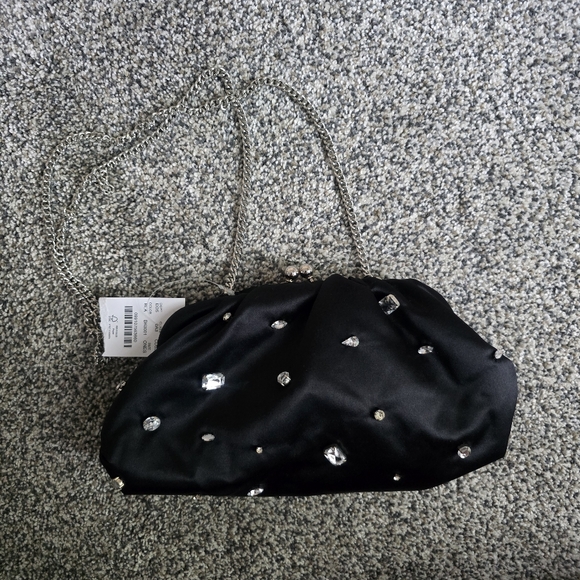 J. Crew Black Satin Evening  rhinestone Clutch Chain Purse NWT - Picture 2 of 6